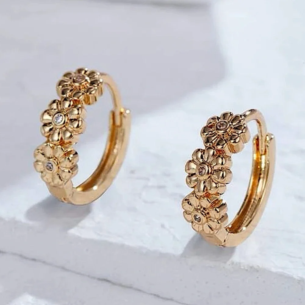 18K Gold Earrings | Zircon Encrusted Daisy Flower | Minimalist Huggie Hoops NWT